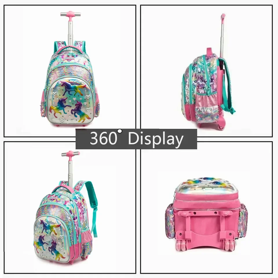 Crianças mochila escolar com rodas conjunto saco de escola meninas estudante elementar lantejoulas mochila viagem bagagem trole sacos