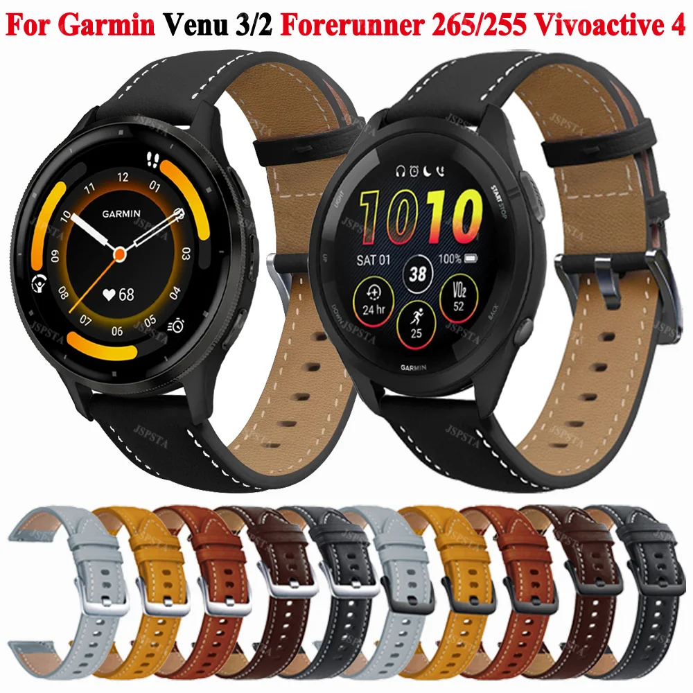 22mm Leather Strap For Garmin Venu 3 2 Band Forerunner 265 255 Music Vivoactive 4 Watch Strap Replacemen Bracelet Wristband