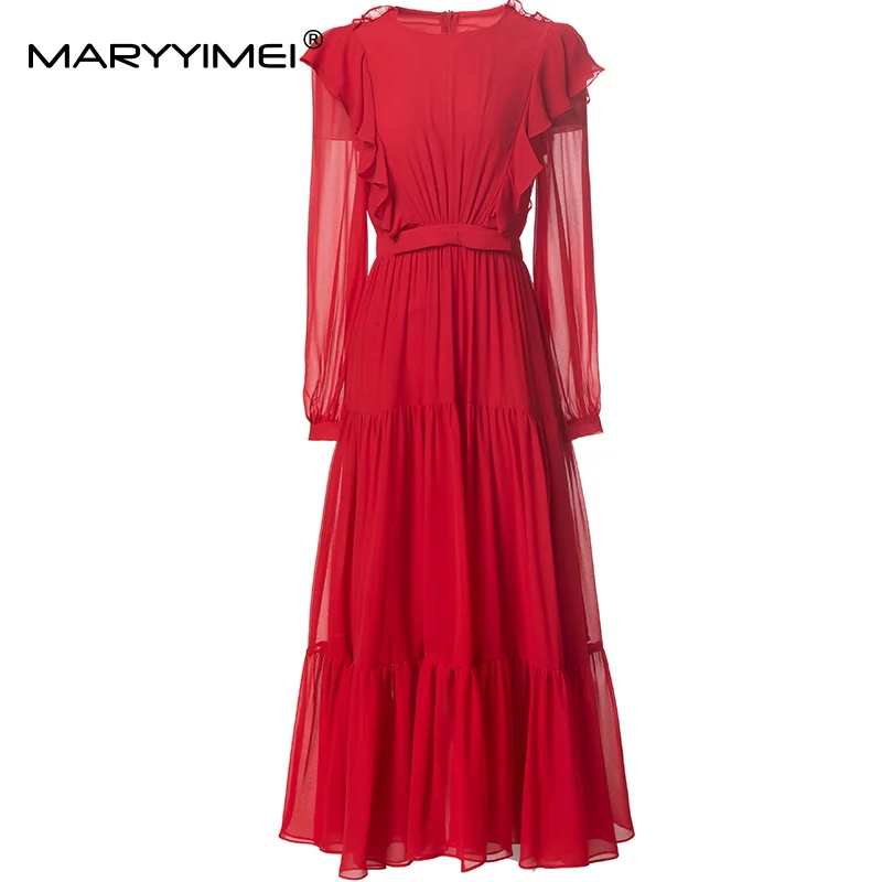 

MARYYIMEI Fashion design Women's Solid Dress Lantern Sleeved Flounced Edge Splicing High waist Slim Long Dresses