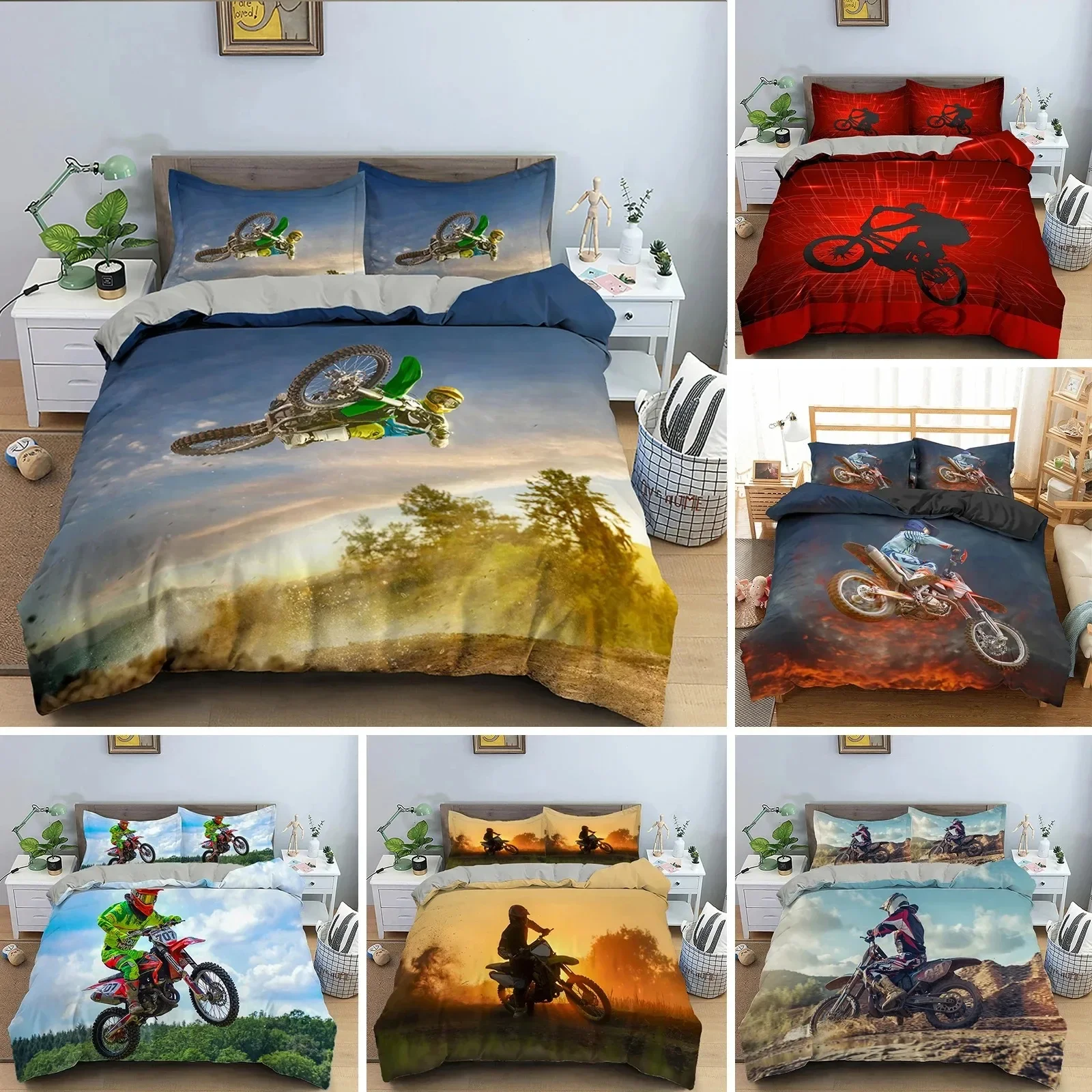 Motocross King Queen Bedding Set for Boys Adults Off-road Race Motorcycle Duvet Cover Dirt Bike Rider Polyester Comforter Cover