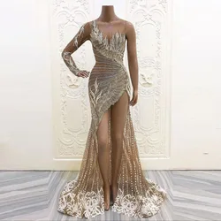 Sexy High Split Prom Gown Floor Length Full Sleeves Mermaid Evening Dress Scoop Neck Beading Pearls Customized Party Dresses