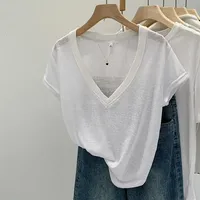 White V-neck Cotton Linen Short Sleeve T-shirt Women Summer 2024 New Style Transparent Pure Desire Spicy Girl Top