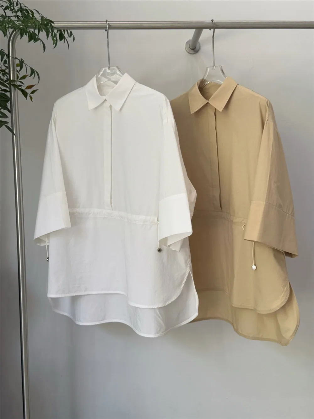 

Women's Drawstring Waist Shirt Top Lapel Loose Mid Sleeves Blouse