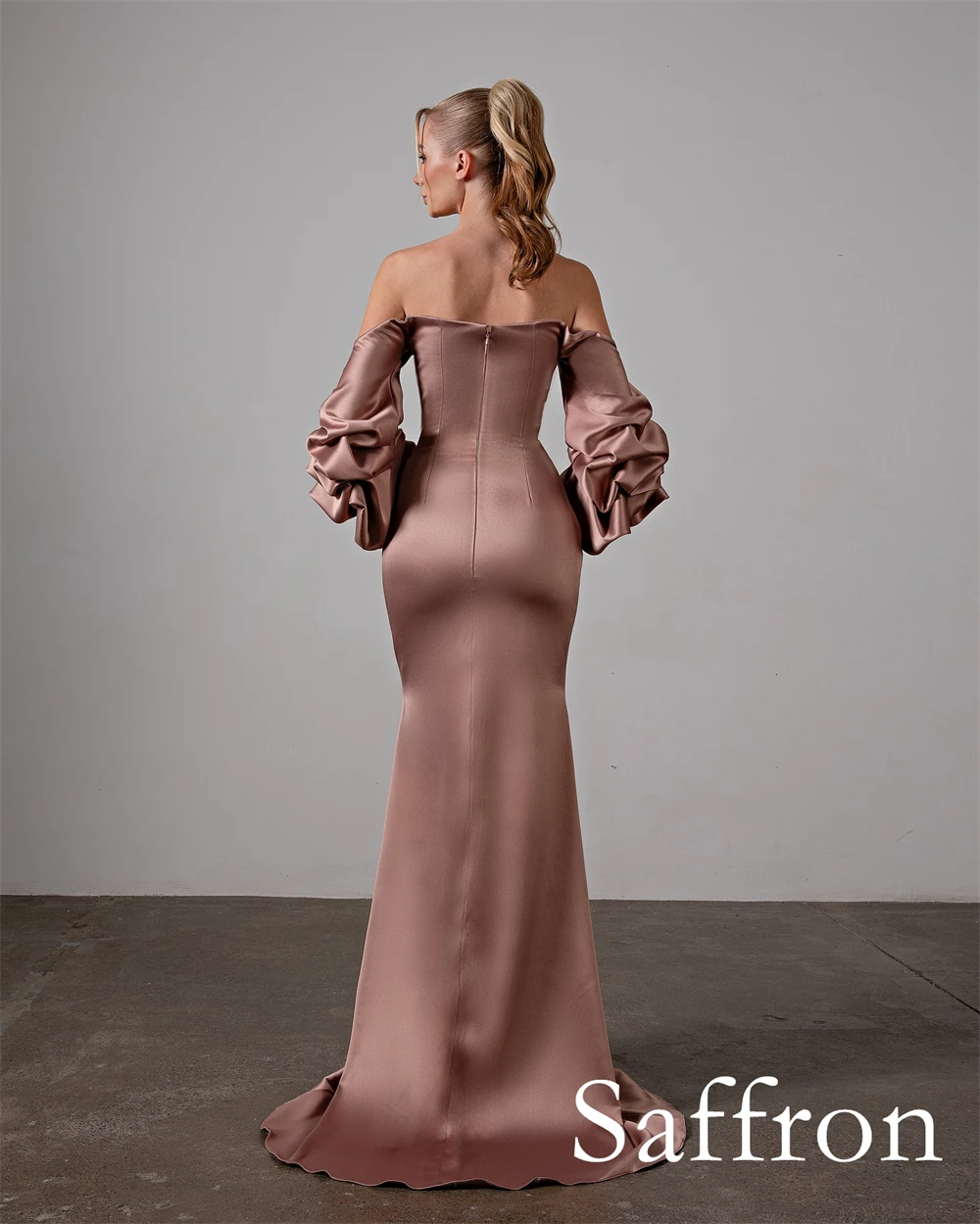 Personalizado requintado fora do ombro mangas puff vestido de noite delicado zíper voltar vestido de festa moda sereia vestido de baile