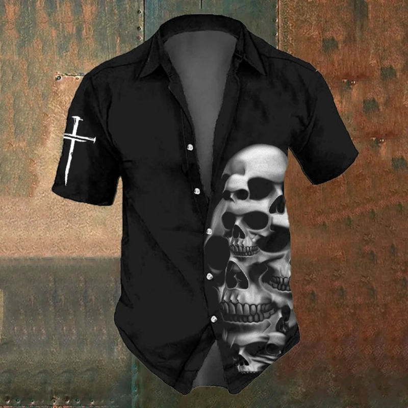 Summer Men\'s Skull Shirts Casual Short Sleeve Shirt For Men Black White Printed Men\'s Clothing Loose Oversized Lapel Shirts Top