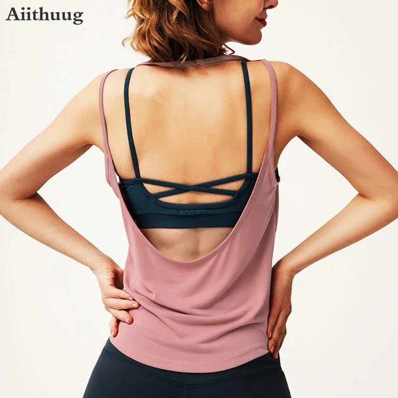 Aiithuug U-neck Low Back Strapy Yoga Tops Curve Hem Loose Vest Sleeveless Fast Dry Gym Athletic Crop Top Pilates Cover-up Shirts