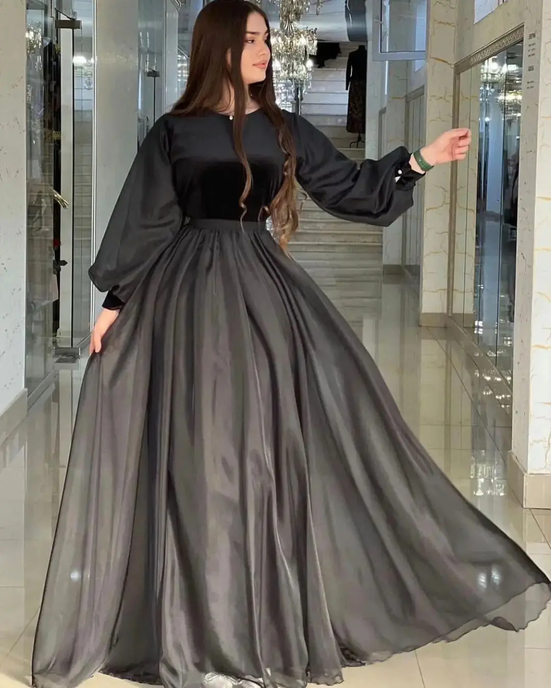 Sapmae O-neck Full Sleeve Floor-length Zipper Up A-line Black Court Train Elegant Prom Formal Evenning Party Dress For Women