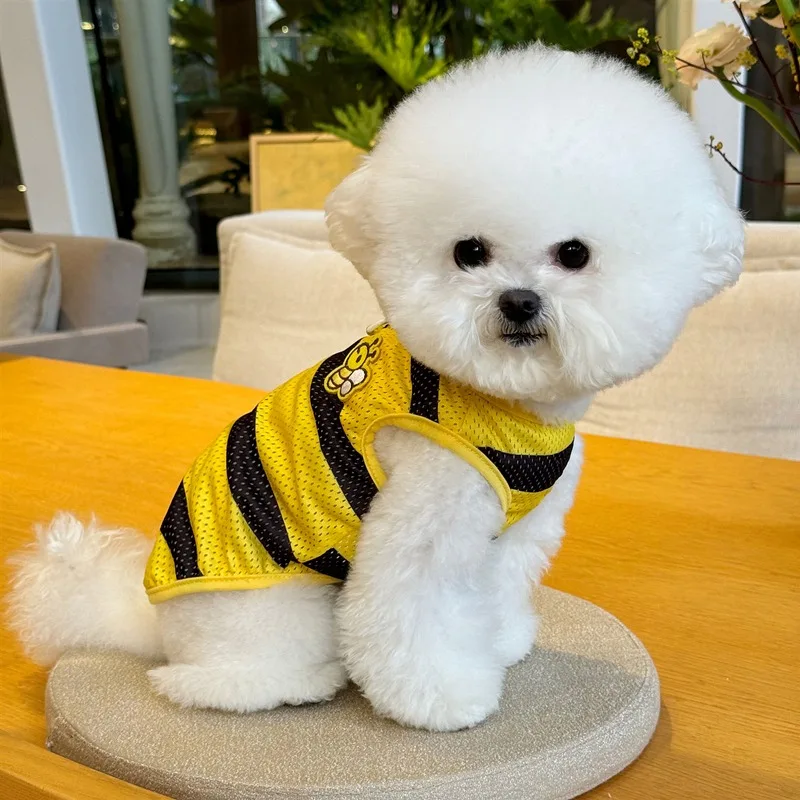 

Yellow Bee Pet Dog Clothes Summer Breathable Mesh Vest Thin Small and Medium Dog Cartoon T-shirt Teddy Striped Pullover