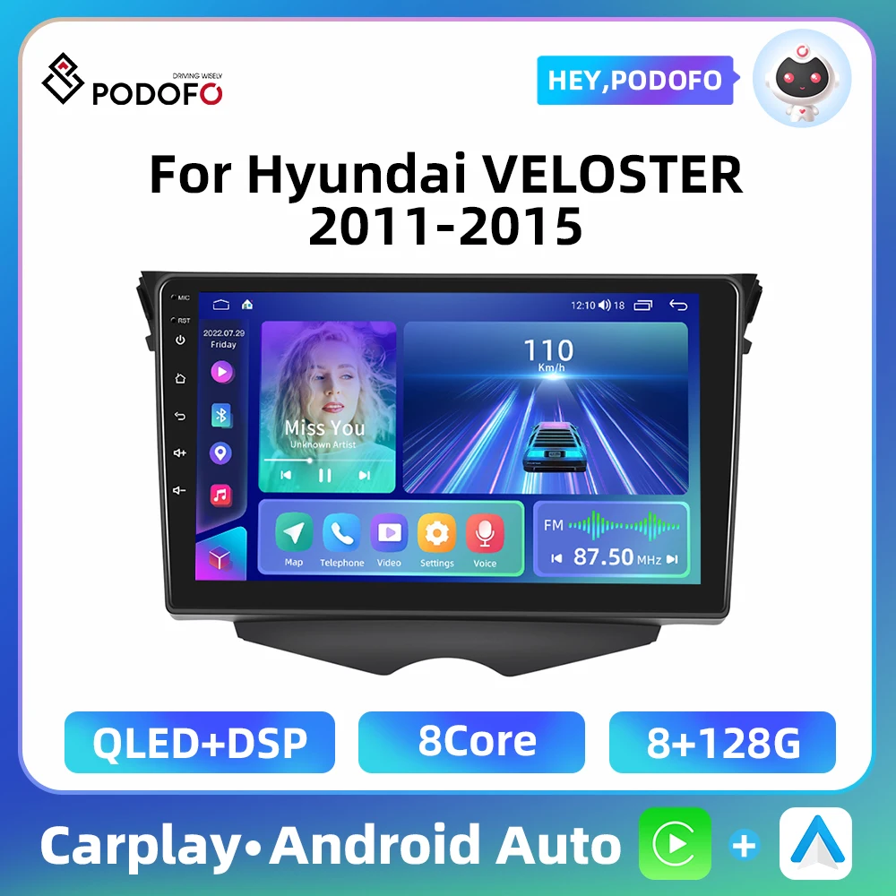 Podofo 2 Din Carplay Car Radio For Hyundai VELOSTER 2011-2015 AI Voice Multimedia Player 9'' Android 4G WIFI 8Core Car Audio