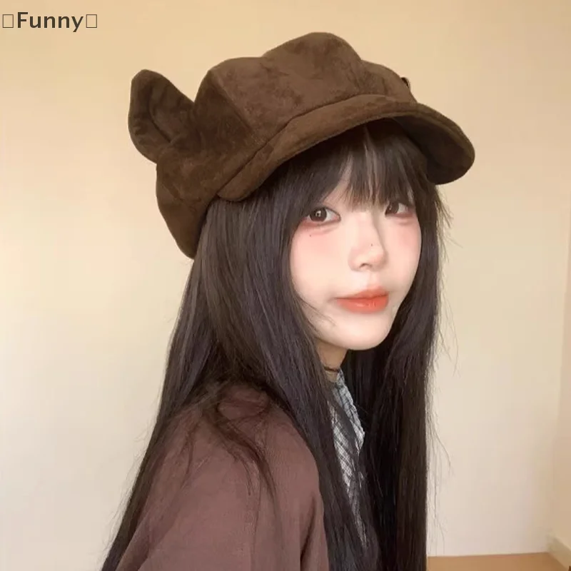 DapatFunny OrganiKorean rétro oreille de chat béret octogonal pour les femmes automne et hiver brossé et chaud