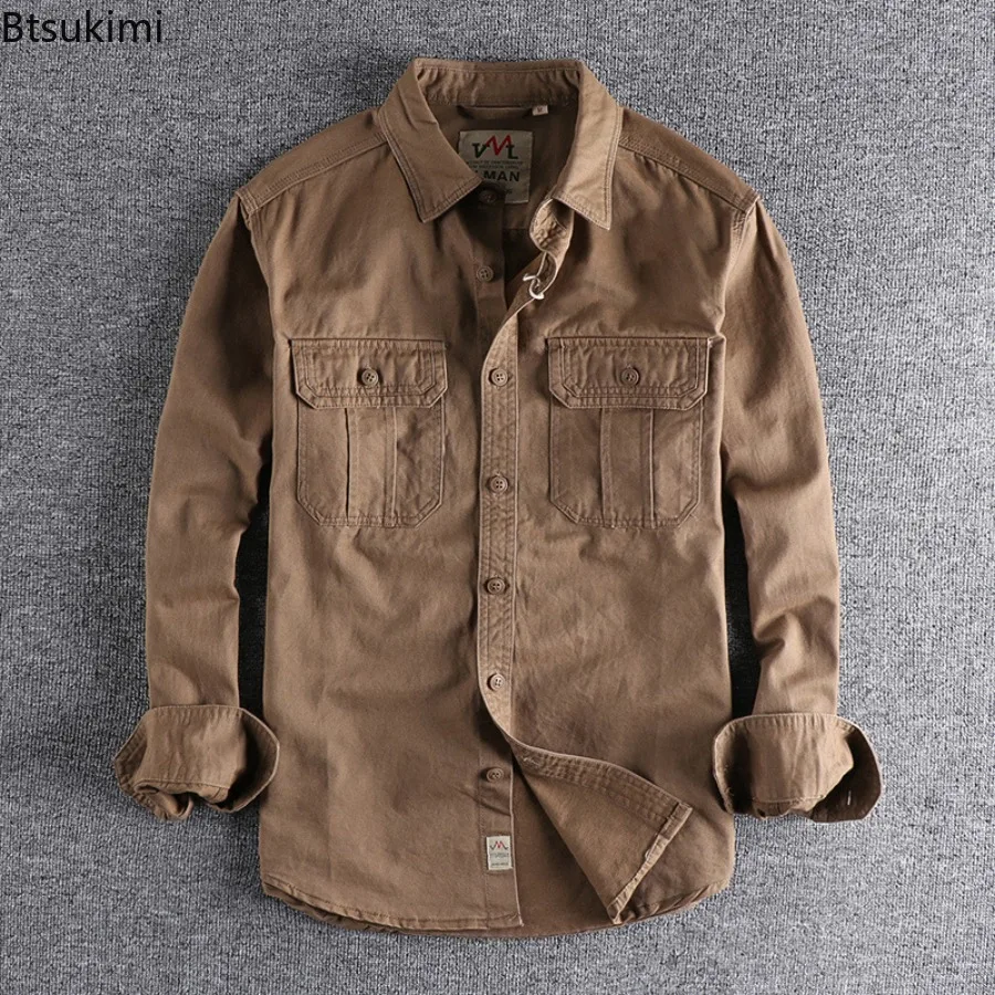 Workwear Multi Pocket Shirt Men's Autumn New Item Khaki Retro Washed Solid Color Work Shirt 3D Pocket Fashionable Loose Jacket