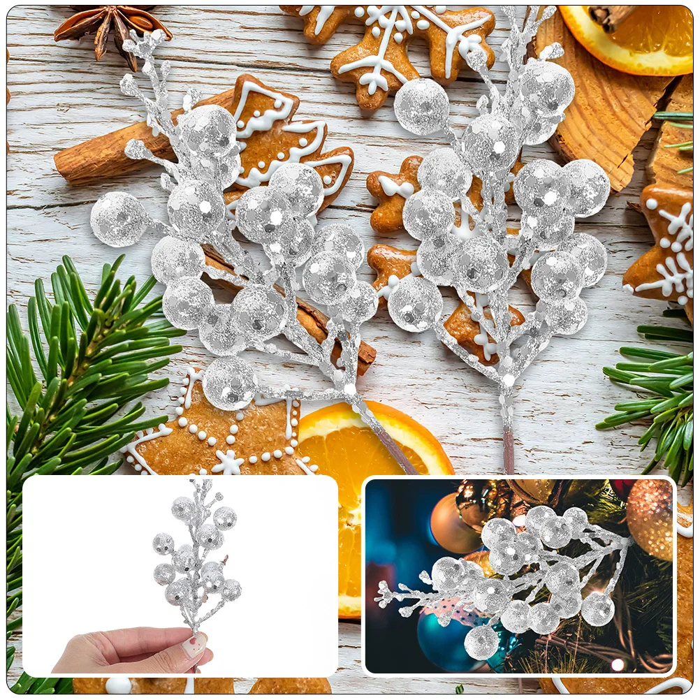 

12 Pcs Christmas Glitter Berries Outdoor Decorations Sticks Artificial Berry Stem