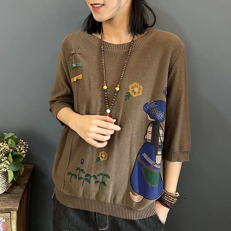 Artistic Retro Mid Sleeve Casual Knitted Sweater for Women in Spring and Autumn Style Ethnic Style Oversized Loose Base Shirt