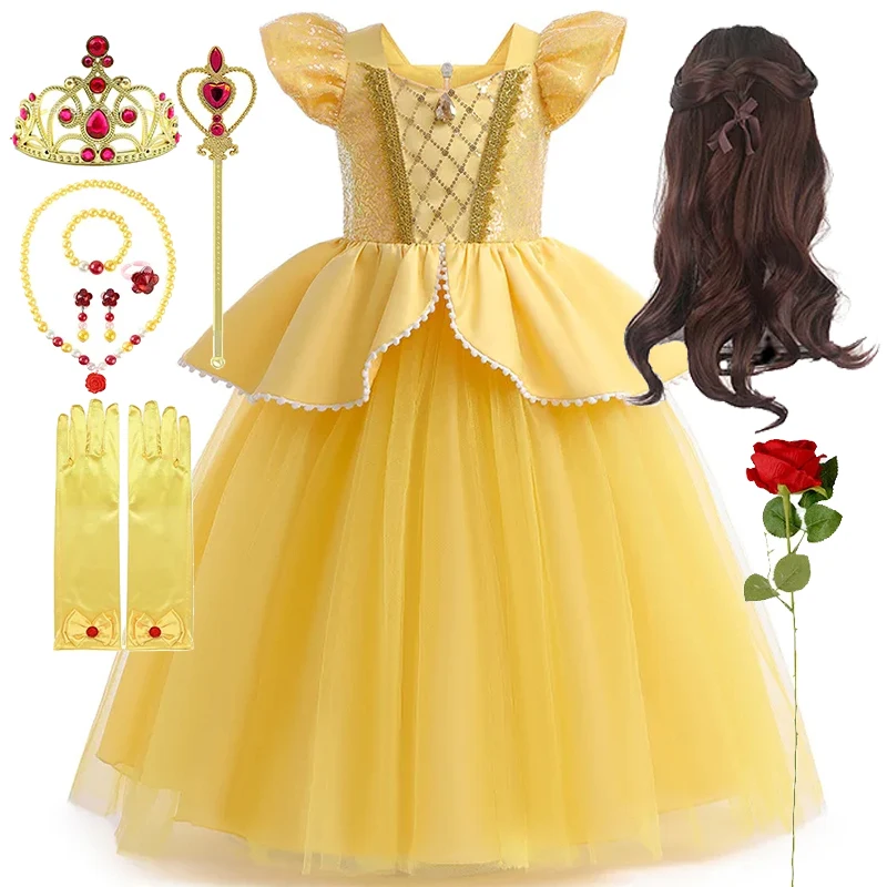 

Girls Belle Dress Beauty and the Beast Princess Baby Girl Dress Cosplay Flowers Halloween Fancy Chrismtas Party Clothing Rose