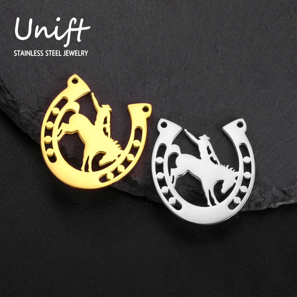 Unift Cowboy Horseshoes Horse Pendant for Necklace Bracelet Stainless Steel Jewelry Making Equestrian Charms Wholesale DIY Lover