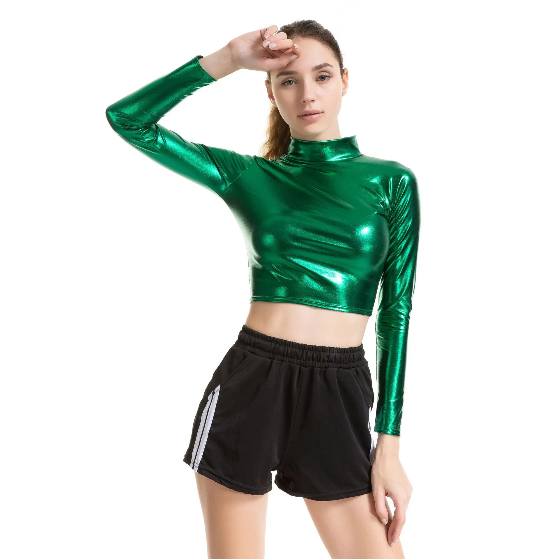 Pure Color Cosplay Performance Suit Glue Coated Long Sleeve Slim Fit High Collar Cross Border Women's Fashion Winter Wear