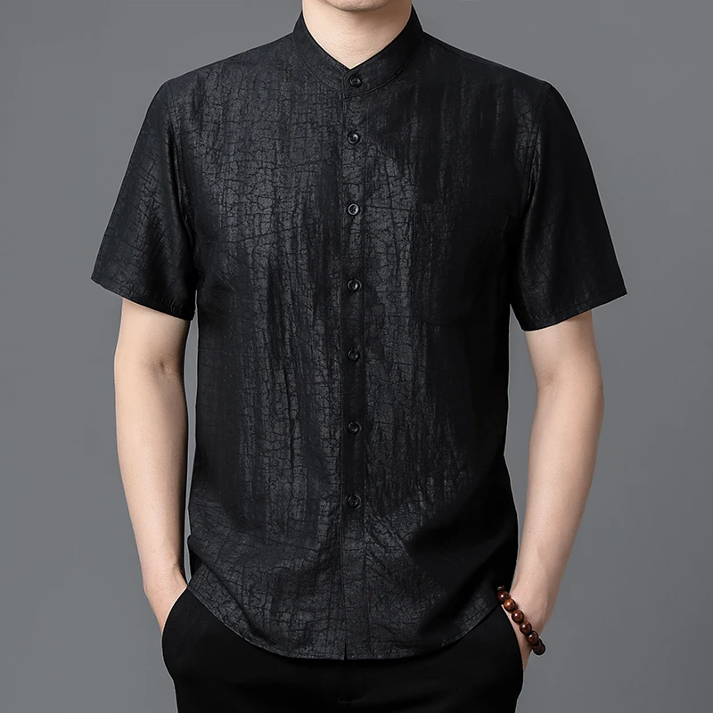 Real Silk 100% Icy Black Shirts For Men Short Sleeve Regular Fit Summer Quality Soft Comfortable Premium Gentleman Chemise Homme