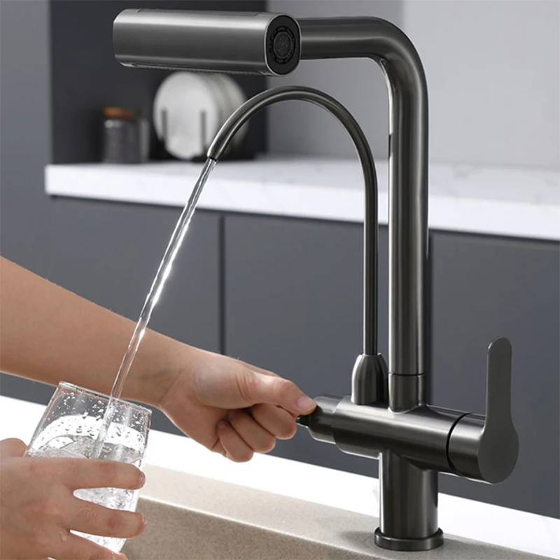 YCRAYS 4 Mode Waterfall Pull Out Kitchen Sink Faucet With Pure Tap Black Hot Cold Mixer Brushed Nickle Stream Sprayer Head Gray