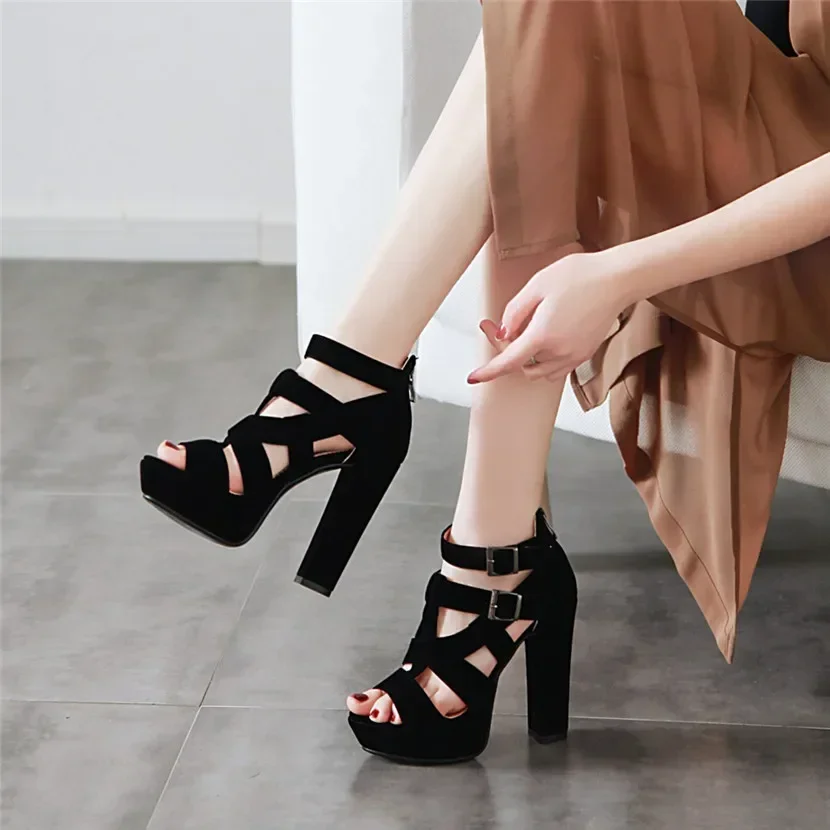 Black Red Flock Women Platform Sandals High Chunky Heel Sexy Club Party Office Ladies Summer Buckle Strap Zipper Gladiator Shoes