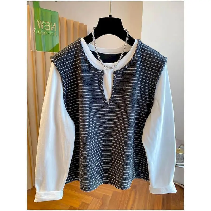 T-shirts for Women Loose False Two-piece Stripe O-neck Tops Casual Korean Style Long Sleeve 2026 Autumn Aesthetic Women Clothing