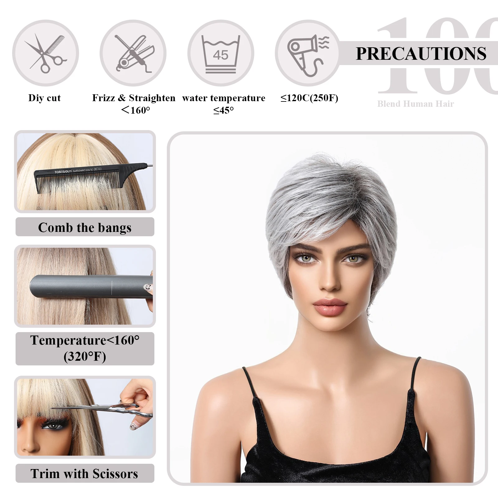 Parrucca per capelli in argento grigio a strati corti per le donne parrucche in misto Pixie Cut capelli umani parrucca sintetica mista soffice naturale ad alta temperatura