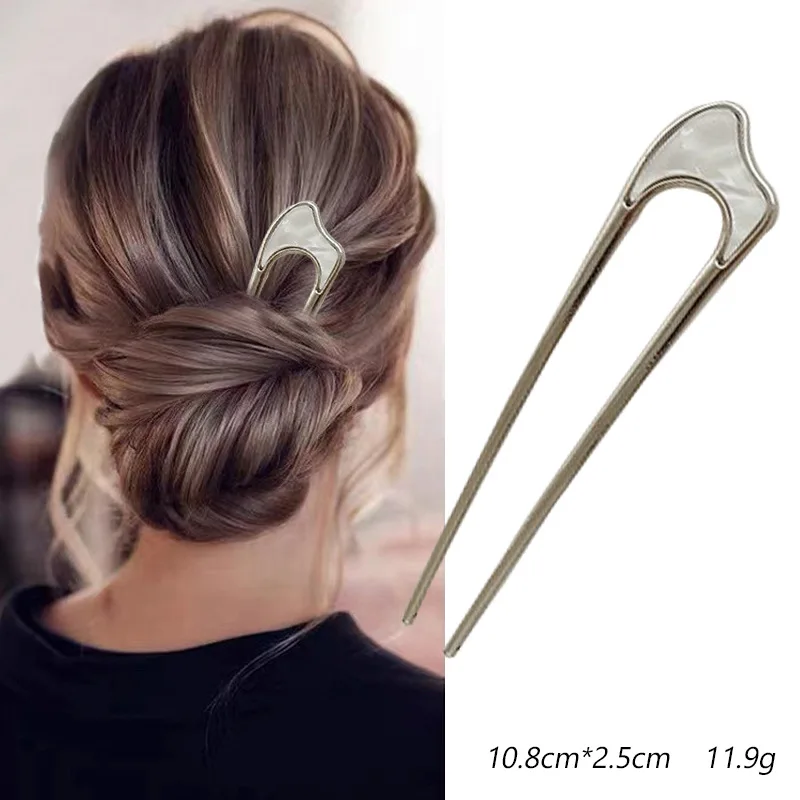 Fashion Luxury Silver Gold Color Elegant Shell Enamel Hairpin for Women Metal U Shape Hair Stick Hairwear Accessories Jewelry