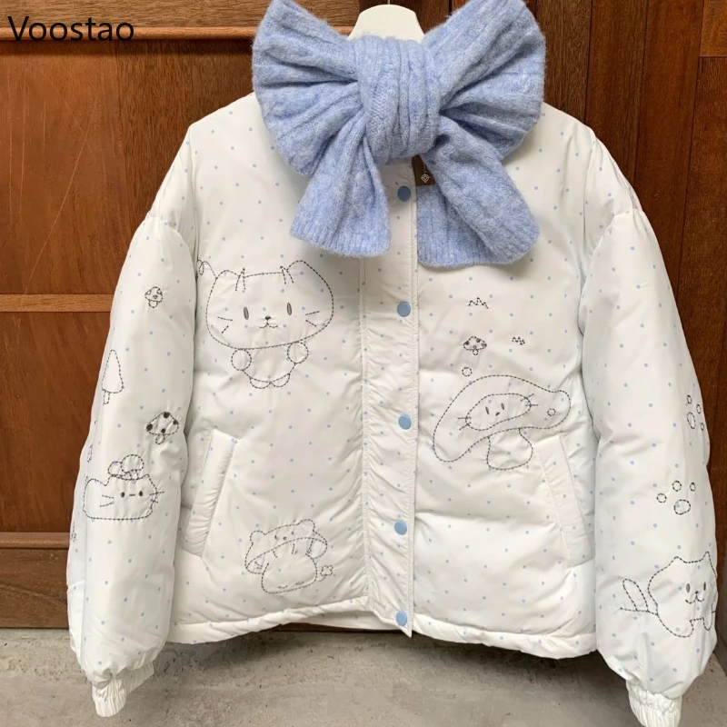 

Осень-зима Kawaii Лолита парки женские милые синие в горошек мультяшный кот принт хлопковые стеганые куртки студенческое повседневное теплое пальто
