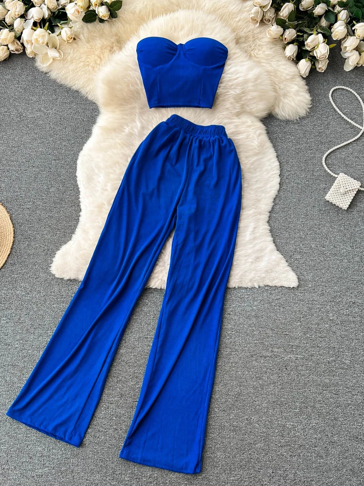 Summer Sexy Two Piece Set Women Pants Suit Strapless Camis Tops & High Waist Loose Pants New Fashion Y2k Suit