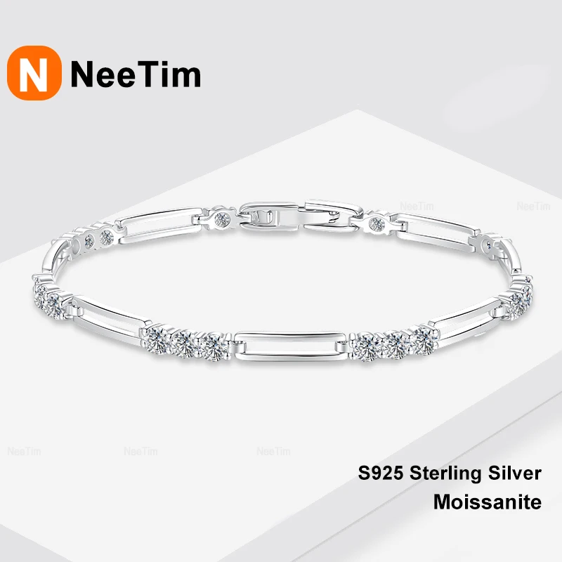 NeeTim Full 3mm Moissanite Tennis Bracelet 925 Sterling Silver Sparkling Gem Bracelets for Women Sparkling Wedding Party Jewelry