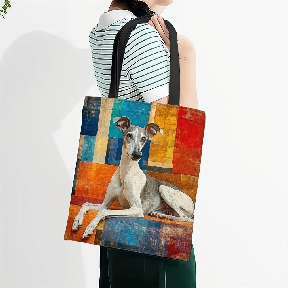 1pc Bauhaus Greyhound Dog Print Tote Bag Rectangular Grocery Multifunctional Tote Bag Polyester Shopping Bag For Women Men