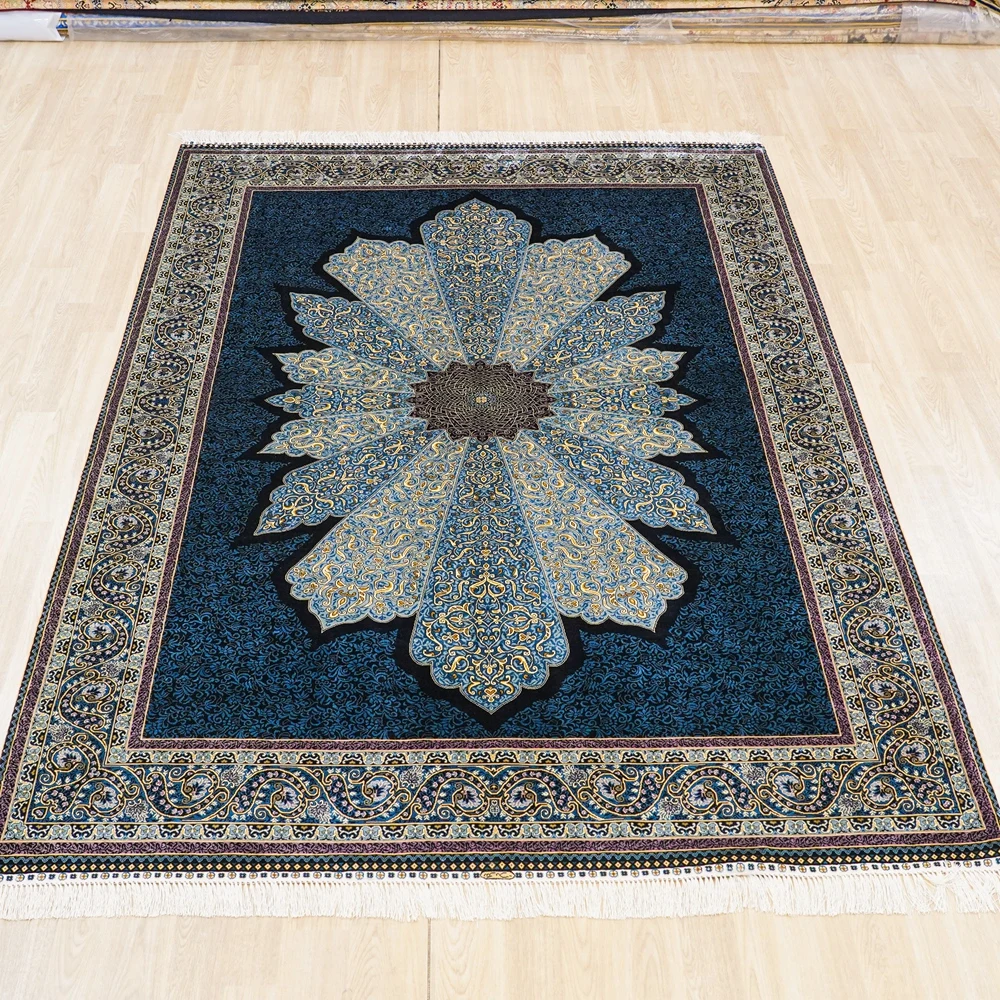 183x274cm Handmade Silk Area Rug Low Pile Oriental Turkish Durable Carpet