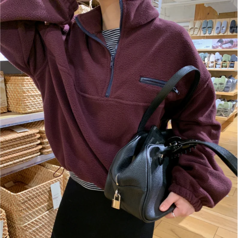 

Retro Chic Oversized Hoodie Polyester Fiber Splice Color Stand Collar Zipper Loose Fit Versatile Layering Fleece Sweatshirt