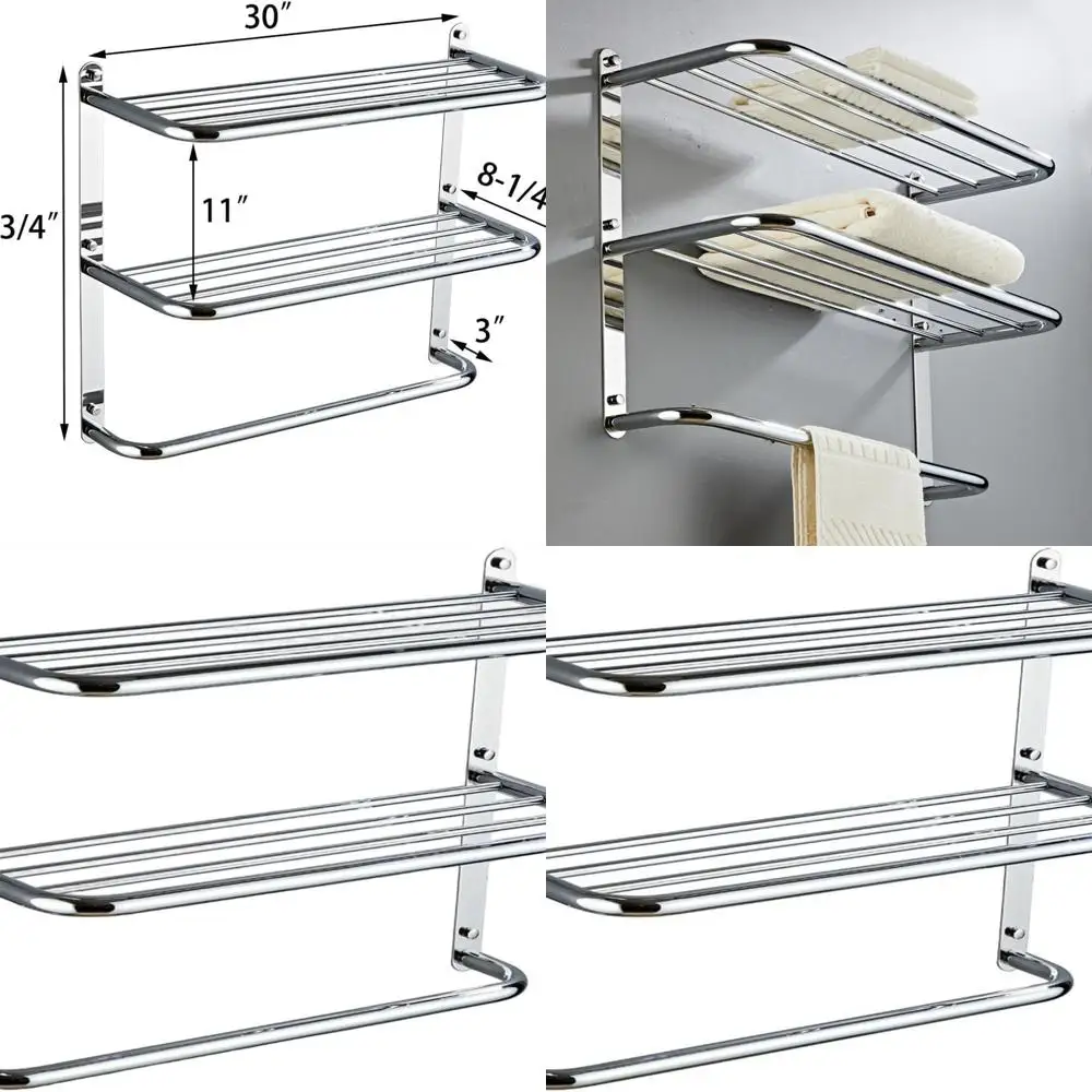 

30 Wide Polished Chrome Floating Towel Shelf with Bar, 2-Tier Bathroom Wall Mount Storage