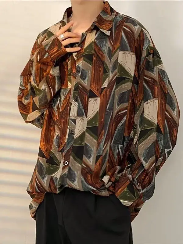 

Men's Long Sve irt Design Sense Print Spring INS Hong Kong Sle Retro Haome Loose Fit Trendy Brand Breathable Polyes...