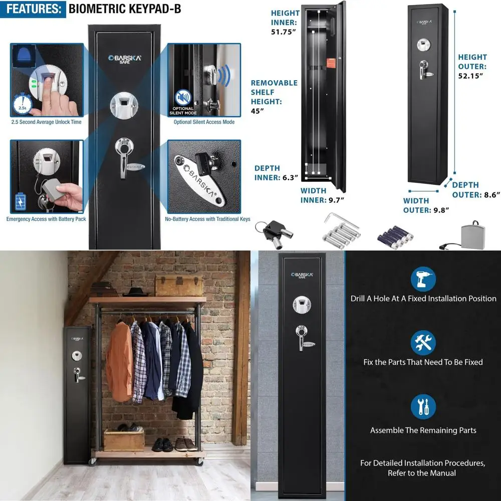 

Биометрический сейф - быстрый доступ по отпечатку пальца для длинноствольного оружия, одобрен Департаментом юридической службы (ДОЖ), бесшумная работа, съемная полка, запасные ключи и батарея.