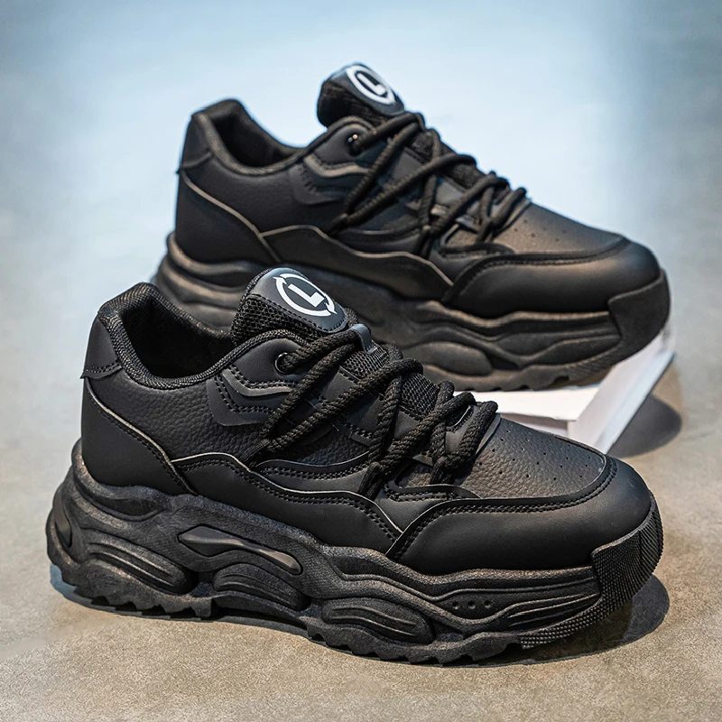 

Putian Men's Shoes Spring Black Casual Leather Surface Waterproof Youth Sports Running Anti-slip Heightening Dad Shoes