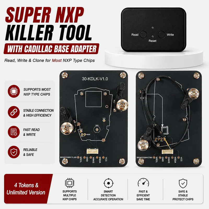 Dispositivo Super NXP Killer Read Copy con base adaptadora para clonar todas las llaves inteligentes NXP de Cadillac, 4 tokens y versión ilimitada.