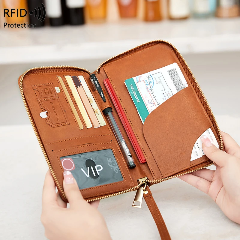 RFID Blocking Passport Holder, Travel Wallet, Ticket, Credit Card Bag, Multifunctional Zipper Wallet with Wrist Strap, Fashion