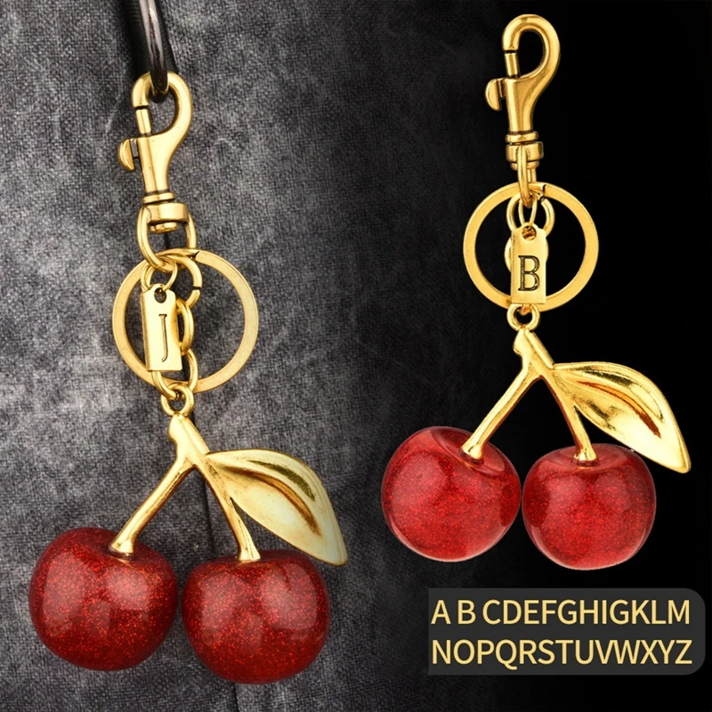 N-Z Letters Red Cherry Keychain Summer Fruits Cherries Pendant Keyring For Women Men Jewelry Car Key Holder Accessories Gifts