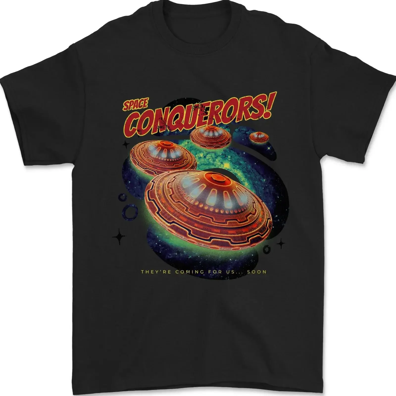 T-shirt homme Space Conquerors Alien Fliegende Untertasse UFO, 100% coton, vintage, délavé, décontracté, vêtements de créateur, doux