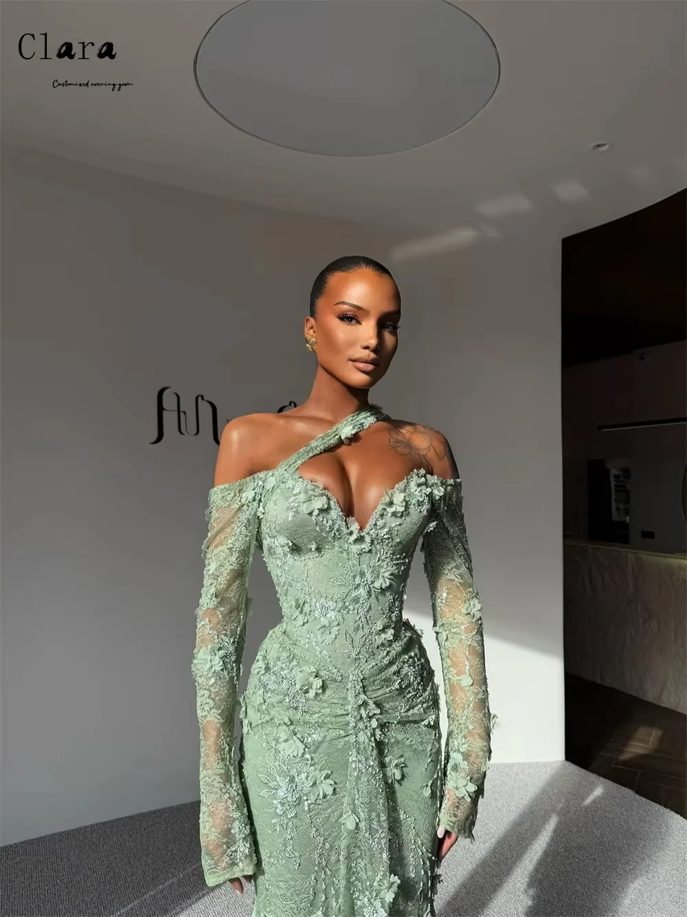 Clara Sukienki Wieczorowe z Koronką, Dekoltem w Serek, Rybim Ogonem i Kwiatami 3D na Zamówienie, Luksusowe Eleganckie Sukienki Wieczorowe Damskie na Bal Maturalny 2025