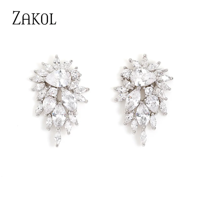 ZAKOL Elegant Flower Stud Earrings for Women Bridal Wedding Water Drop Cubic Zircon Fashion Jewelry Gift Brincos