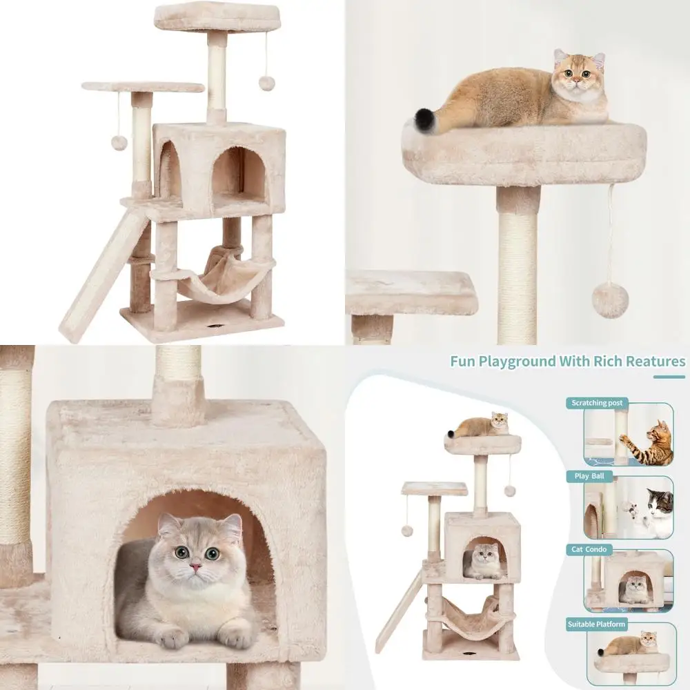 

Cozy Beige Cat Tower with Scratching Post, Activity House, Hammock, and Hanging Ball Condo