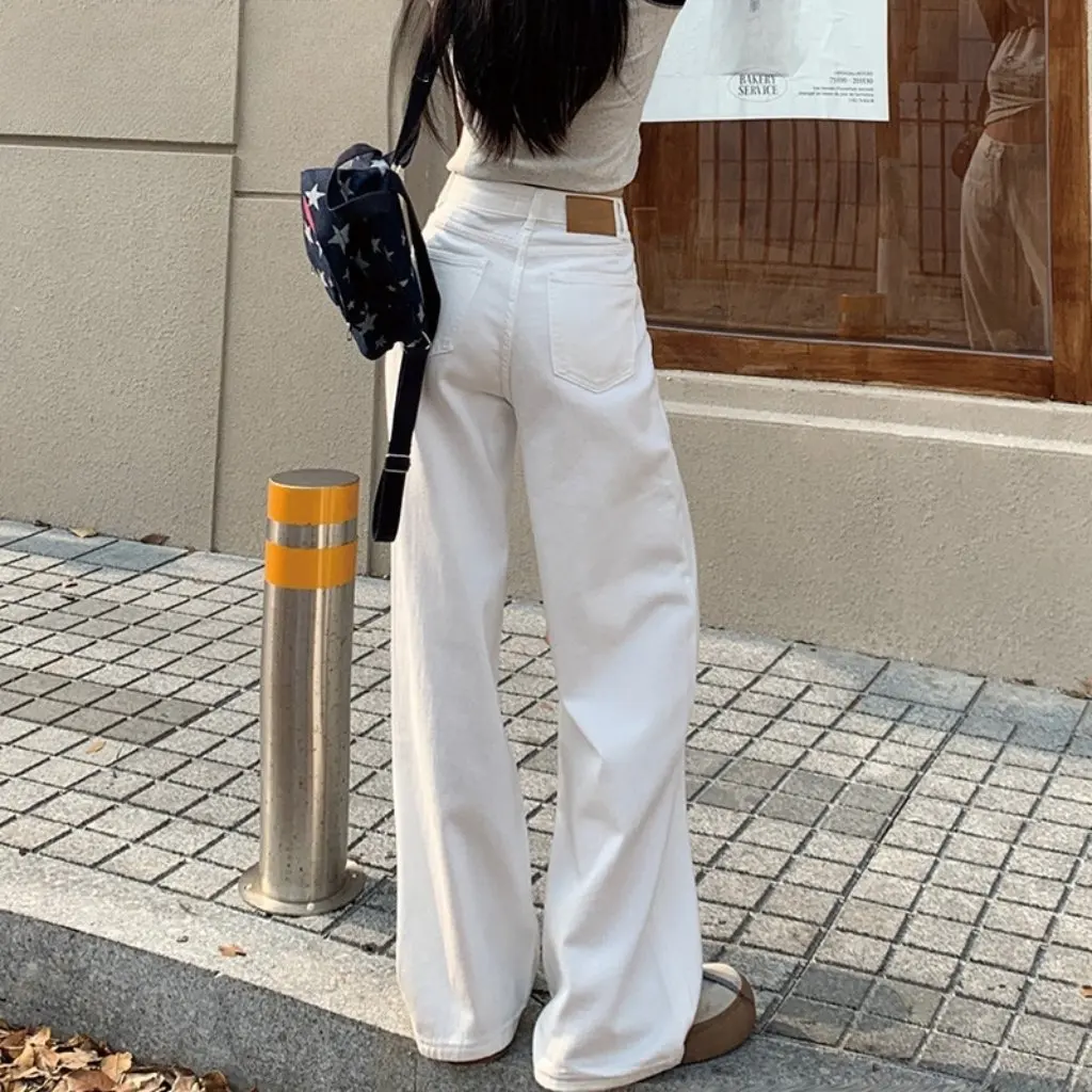 

Белые широкие джинсы для женщин с высокой талией, утягивающие свободные прямые брюки-трубы, летний новый стиль, удлиненная драпировка