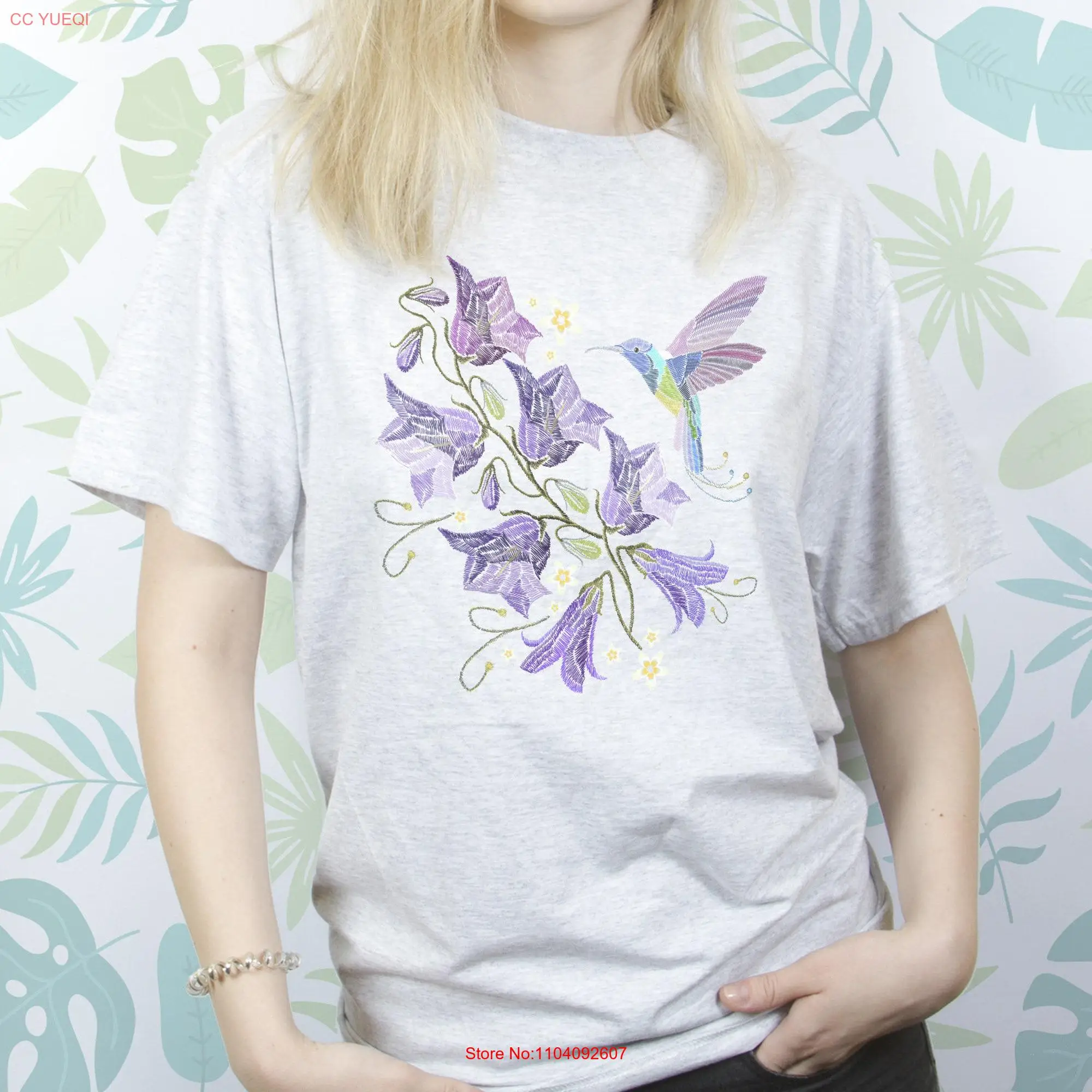 Violet Flowers shirt for Girls T Kawaii Bird tee Lady Nature Plant Hummingbird  long or short sleeves