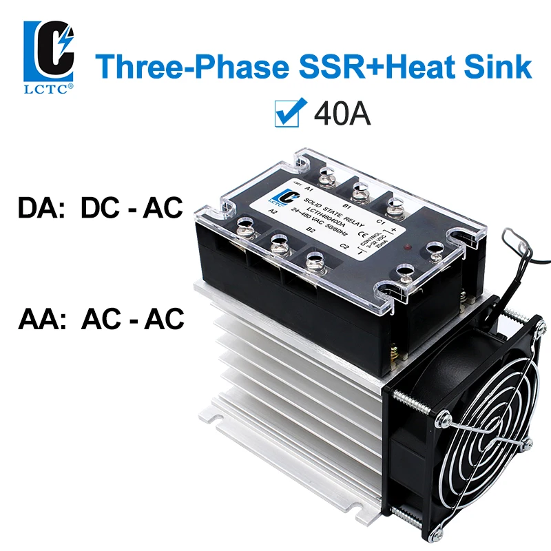 

LCTC Three Phase Solid State Relay With Radiator 3-32VDC 40A 24-480VAC DC To AC AC To AC For Switch On-off SSR 3-phase Relay