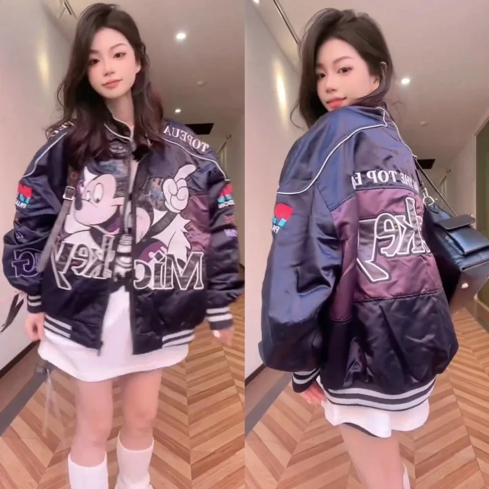 Mickey Embroidered Color Matching Baseball Jacket Women's Spring and Autumn New Loose Versatile Jacket Top