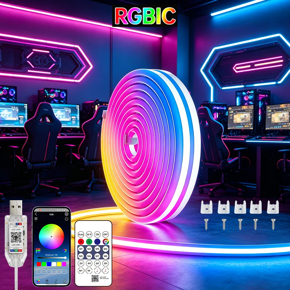 Умная Bluetooth RGBIC неоновая светодиодная лента 10М/5М/2М/1М, USB 5В, с эффектом погони за цветами, для декора комнаты, атмосферная лампа