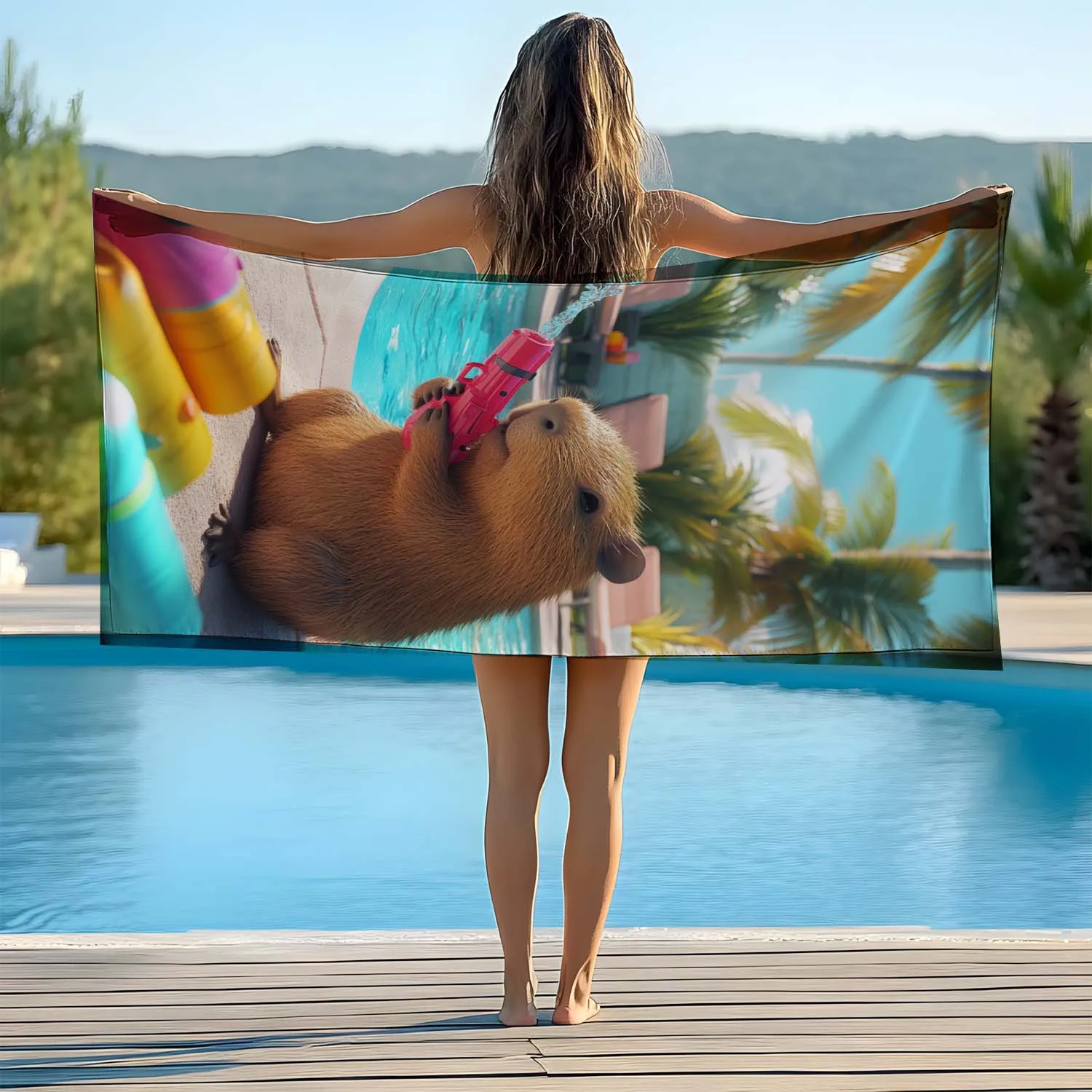 1pc Capybara Pool Party Beach Towel Soft Lightweight, Sand-Free, Quick-Dry Microfiber Fabric Vibrant Print Design view 3