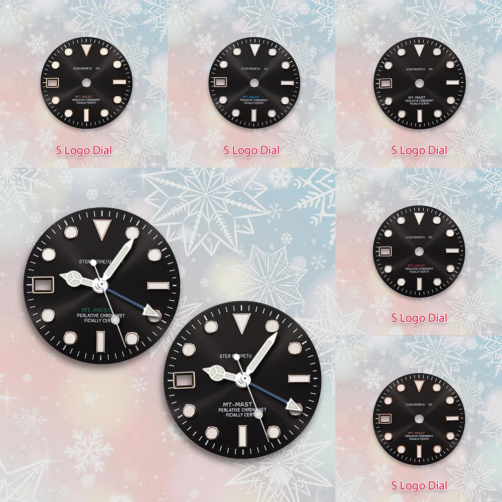 28.5mm Sロゴ NH34 GMT文字盤 9時位置カレンダー窓 NH34ムーブメント対応 アイスブルー夜光時計改造アクセサリー